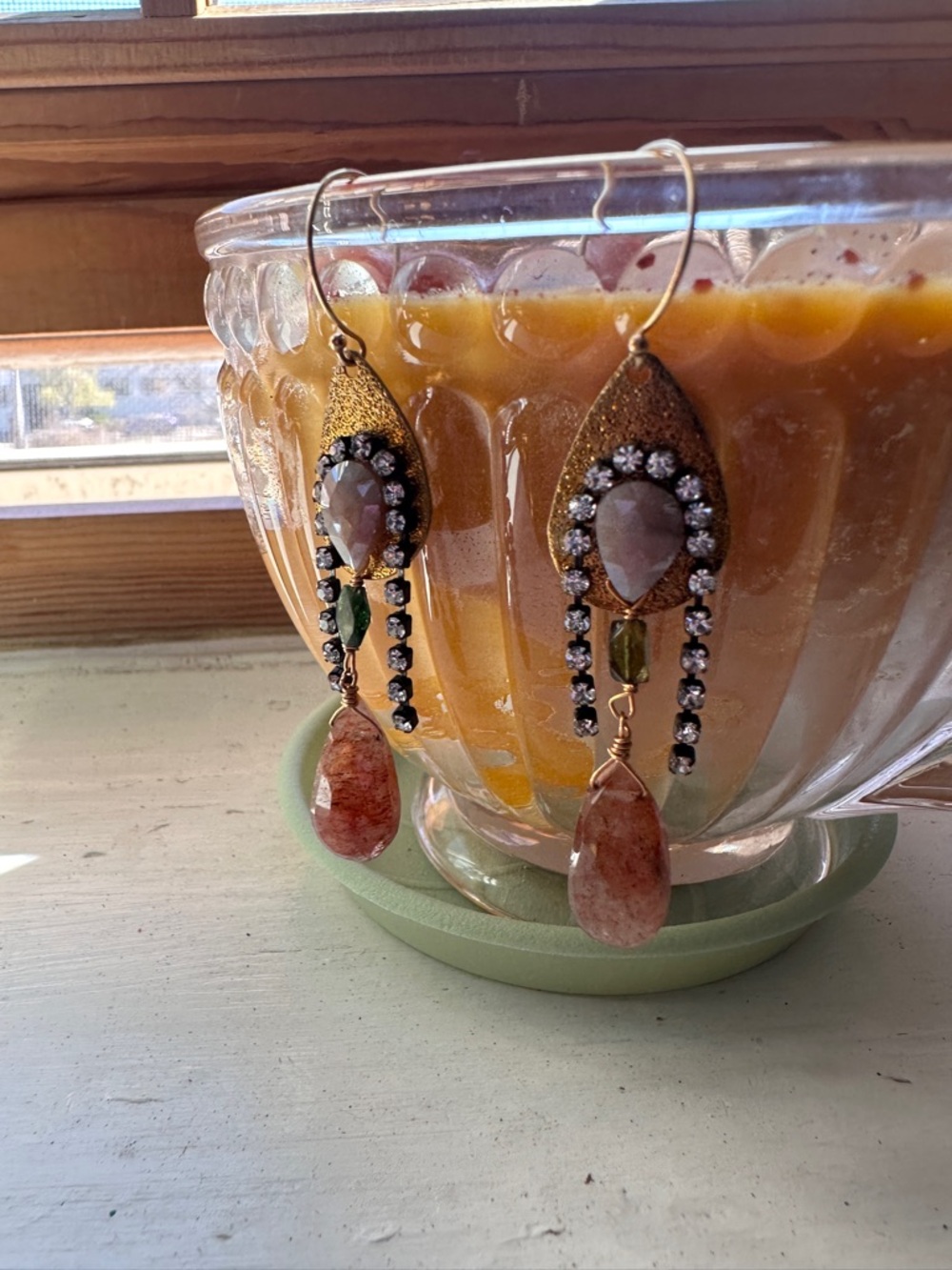 Gold Tone Teardrop Crystal and Stone Dangle Earrings NWT Anthropologie